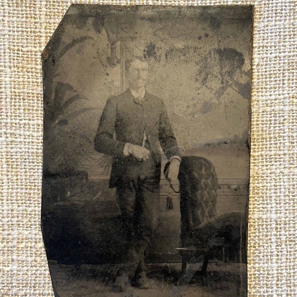 Small Tintype Antique Photo Adult man tufted chair suit mustache 3.5”